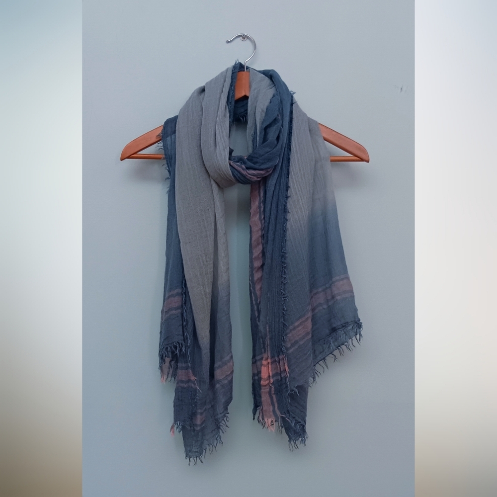 Handwoven Indigo Plaid Scarf with Fring Gradient Blue and Pink OS